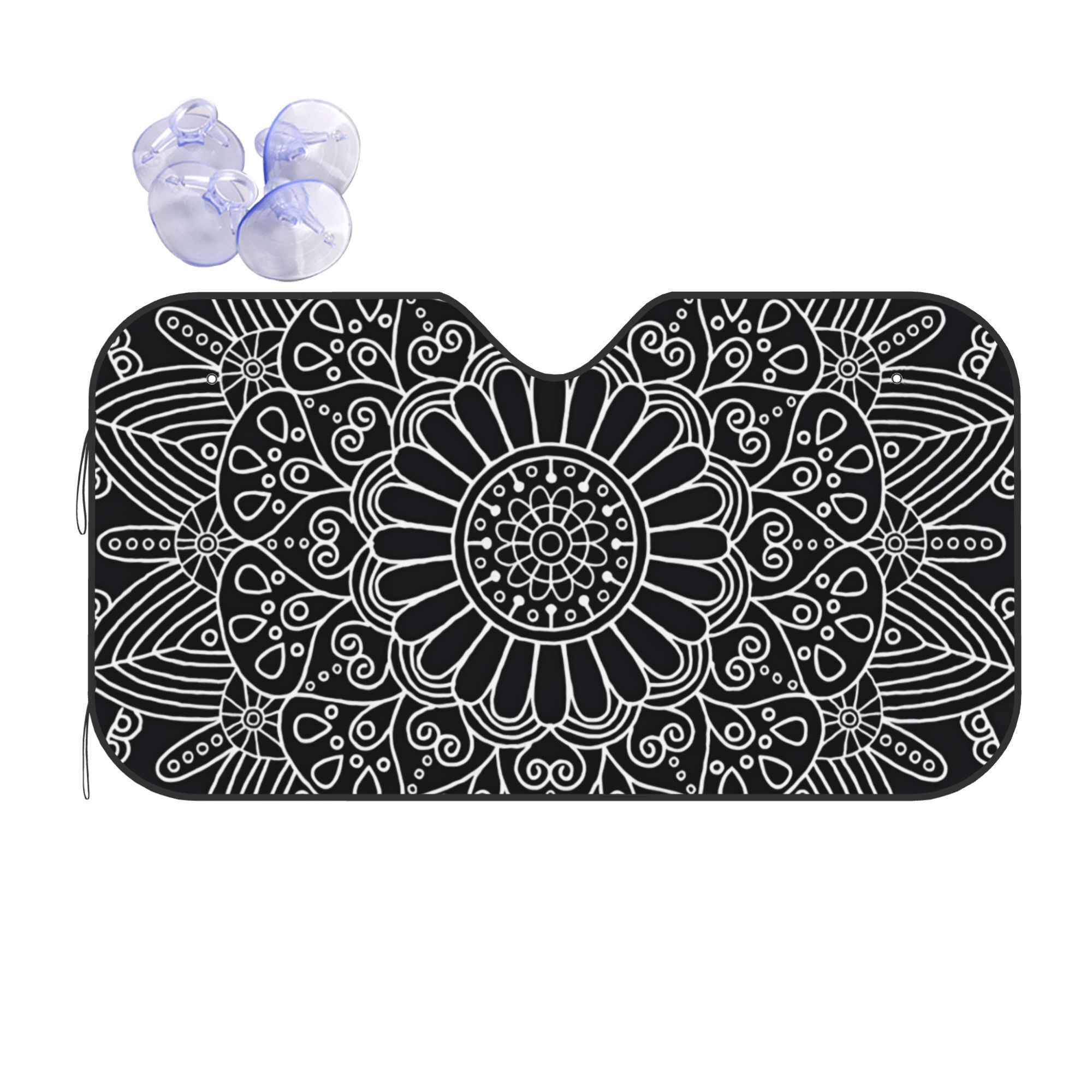 TEMU Cartoon Style Car Sun Shade Featuring A Mandala: A Black And White Geometric Design For Uv Protection, Fits Most Windshields, Ideal Gift For