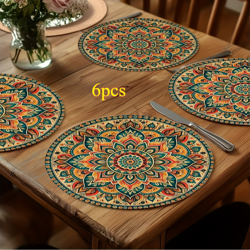 TEMU Sets de table ronds vintage bohèmes à motif mandala - 38,1x38,1 cm, en lavable en machine et résistant à la chaleur, napperons floraux vintage,