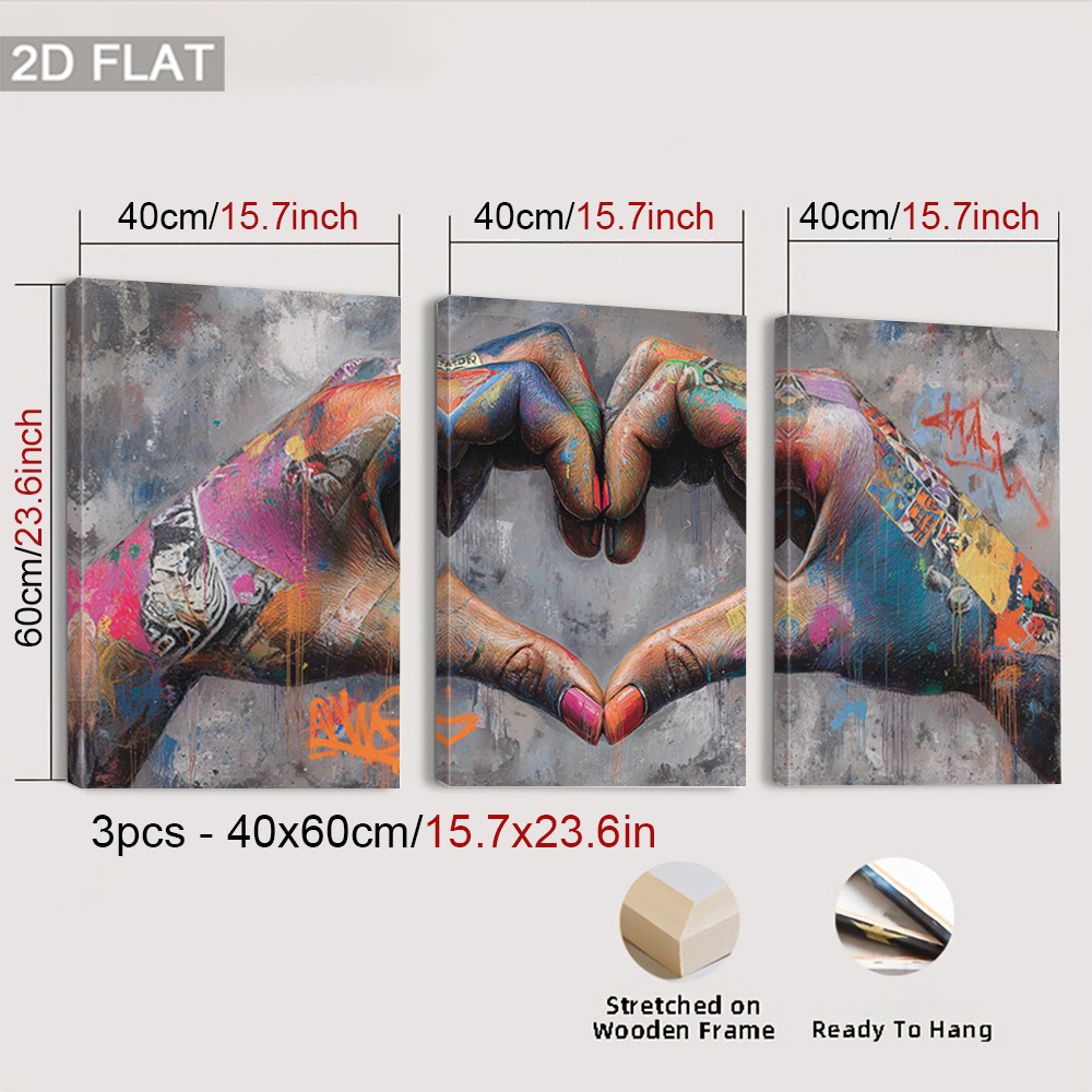 TEMU Ensemble de 3 tableaux muraux de cœur graffiti encadrés 2D, affiche décorative à colorée, art mural d' , de de cœur, peintures sur toile , ,