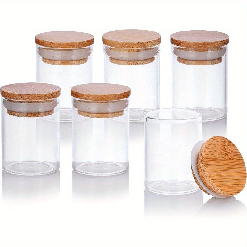 Tarros de Vidrio Borosilicato Transparente de 2oz con Tapas de Silicona de Bambú Selladas (Paquete de 6)