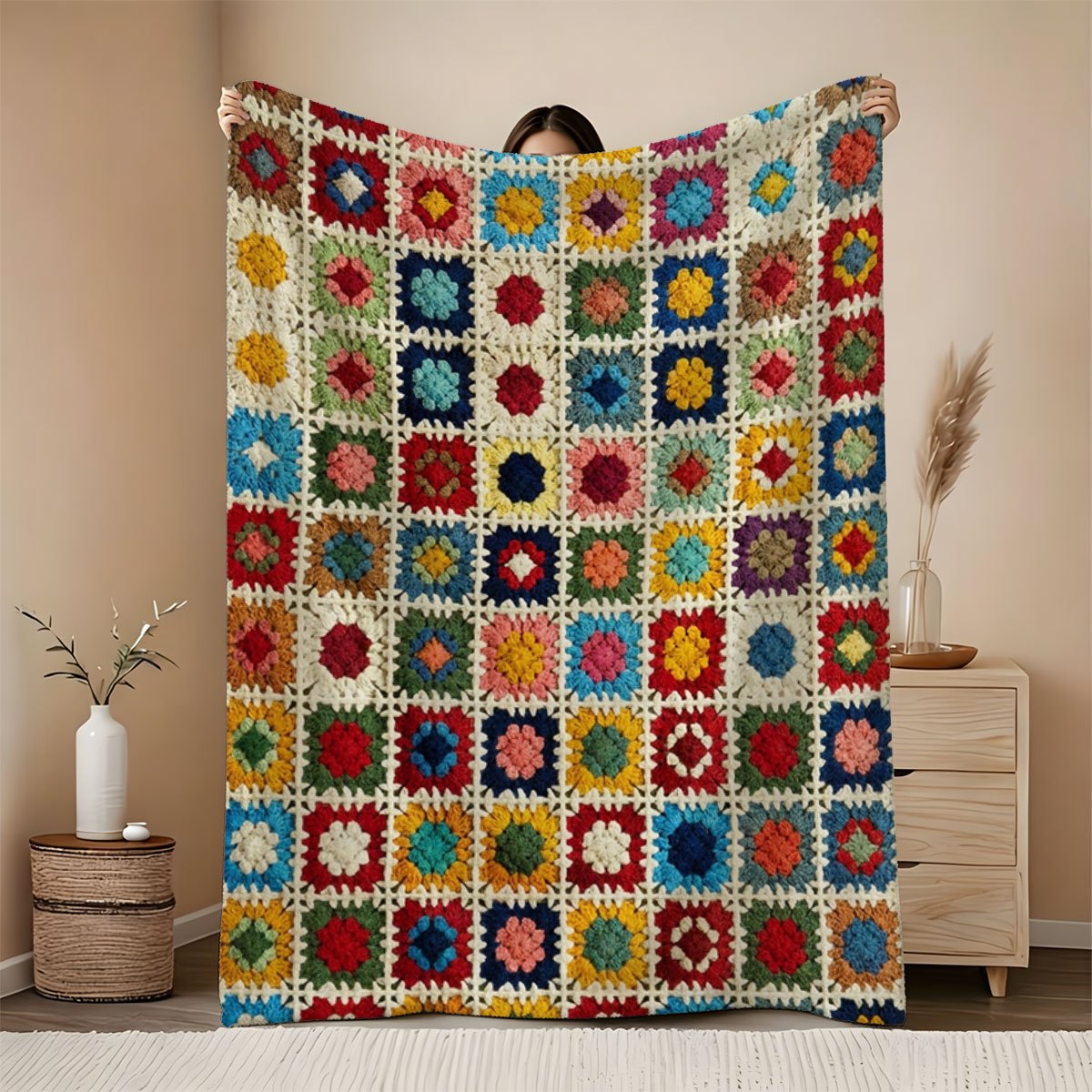 TEMU Bohemian Style Multicolor Floral Crochet Blanket - Suitable For Indoor And Outdoor Use - Ideal For Living Room, Bedroom, Or Camping Decorative