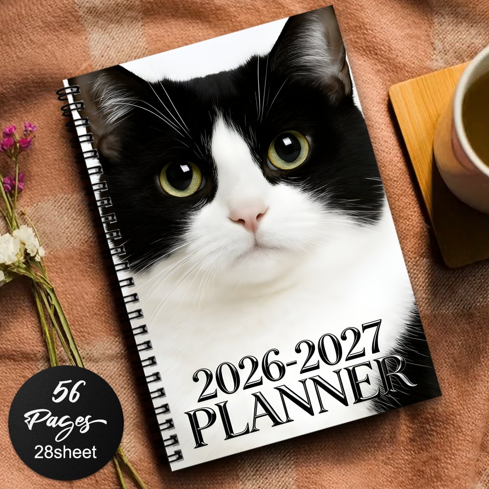 TEMU 1pc 2026- Spiral Notebook Journal, Office School Supplies, Perfect For Diary Daily Planning With Black And White Cat Design,record Book