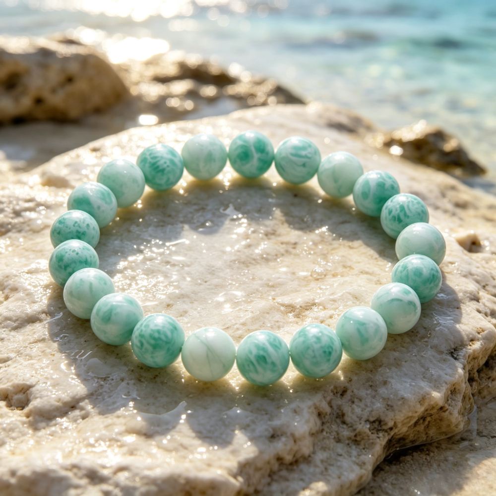 Natural Larimar Round Bead Bracelet, Ocean Pattern Gift