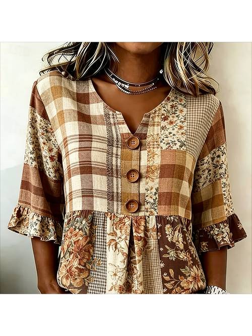 floral v neck wooden ruffle sleeve top with rustic loose blocking womens top