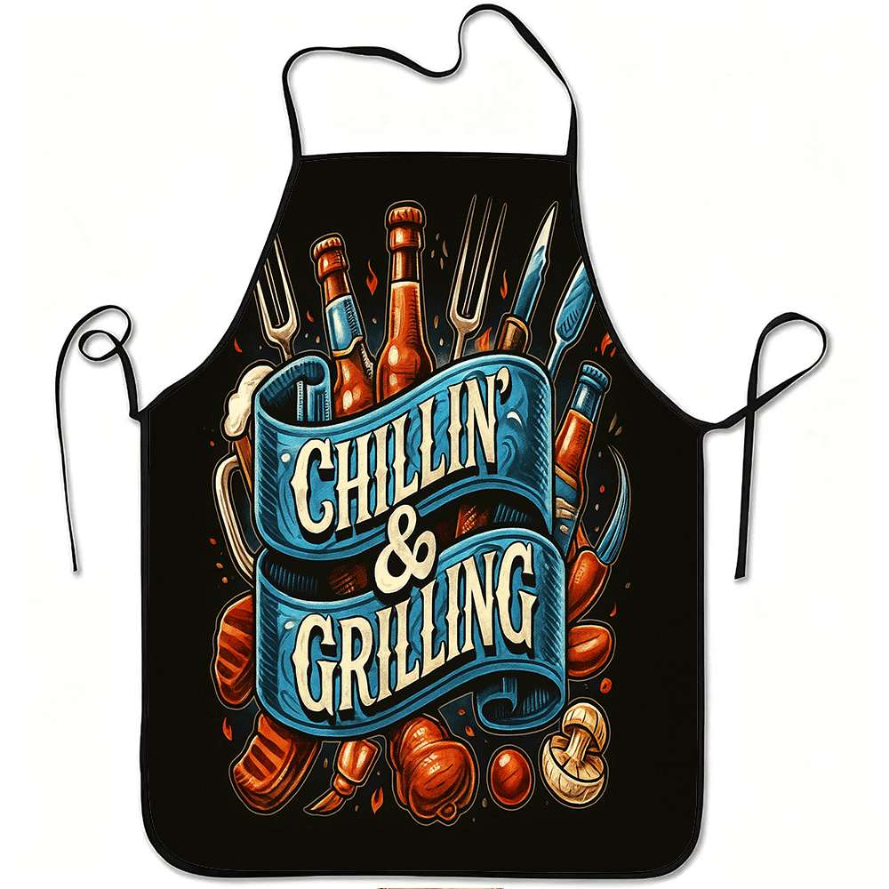TEMU 1pc Funny & Grilling Apron With Bbq Design - Adjustable Waistband, Durable & Easy-clean Polyester Apron Suitable For & Compatible For Bbq Parties, Outdoor Cooking, Gardening, For Grilling -