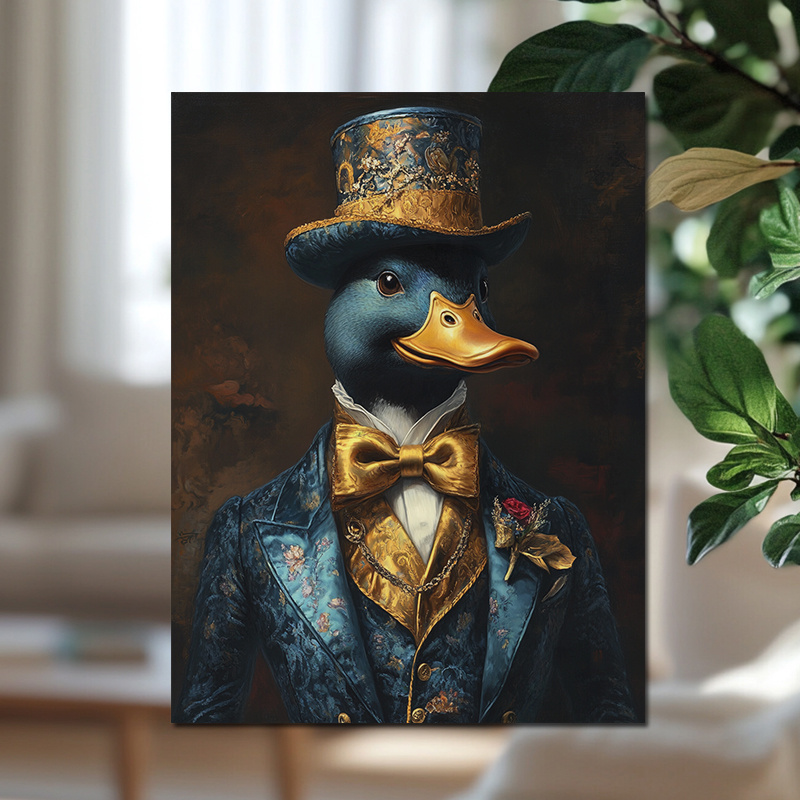 TEMU 1pc Duck In Top Hat & Suit Frameless Canvas - Vintage Art Deco Duck Poster 12x16 Inch Suitable For Bedroom, Kitchen, Dining Room Decor - Classic