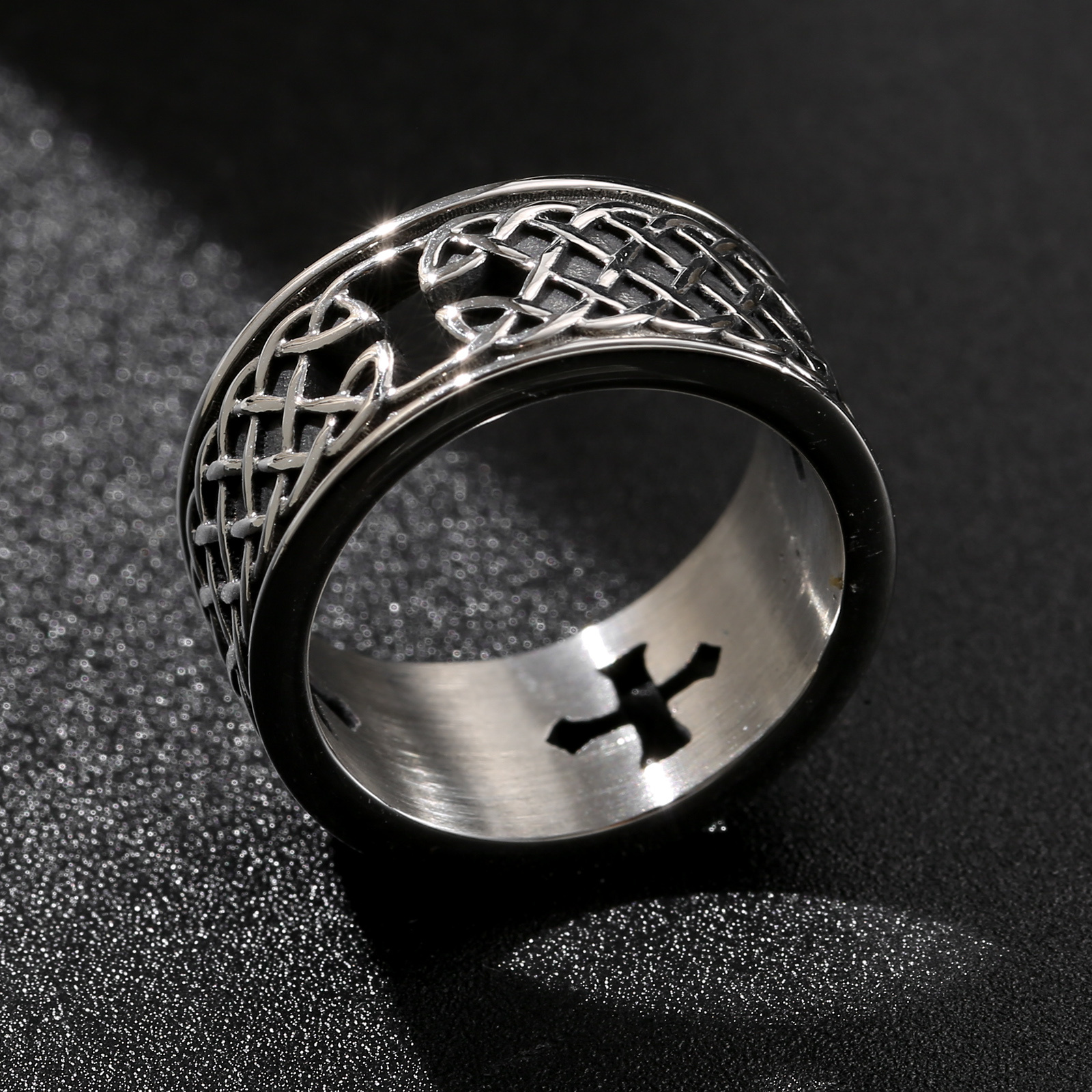 Image of 1pc 304l Stainless Steel Silvery Celtic Knot Hollow Cross Ring Vintage Viking Men' S Ring Men' S Ring Ring Gift Vintage Style 304l Stainless Steel Jewelry
