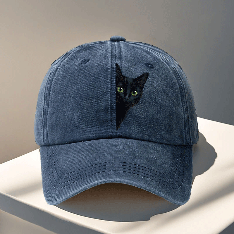TEMU Peeking Black Cat Printed Baseball Cap, Animal-themed Cap, Outdoor Stylish Baseball Hat, Travel Accessory, Adjustable, Hand Washable