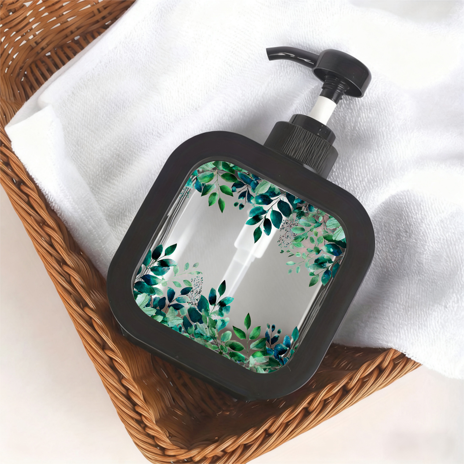 TEMU Bouteille de savon pour avec pompe et motif de feuilles en aquarelle sur le thème de la nature, rechargeable pour et de bain. Ce distributeur