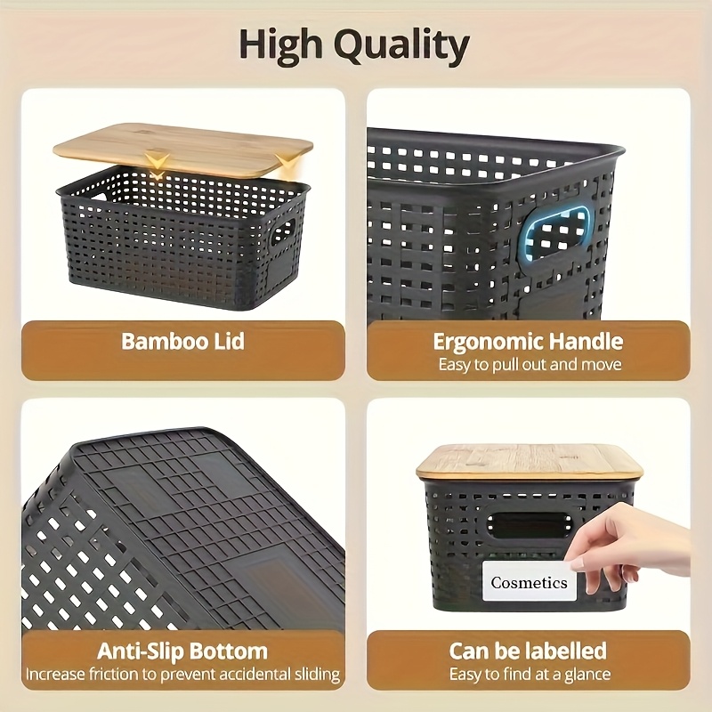 5pcs Lidless Stackable Black Plastic Storage Baskets