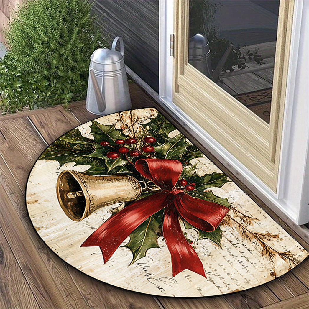 

1pc Hkstorage Christmas Bells & Holly Semi- Door Mat - , Non-slip, Washable Holiday Decor With Golden Retriever Room, Bedroom, Kitchen, Hallway, Bathroom, Patio, Christmas Room Decor