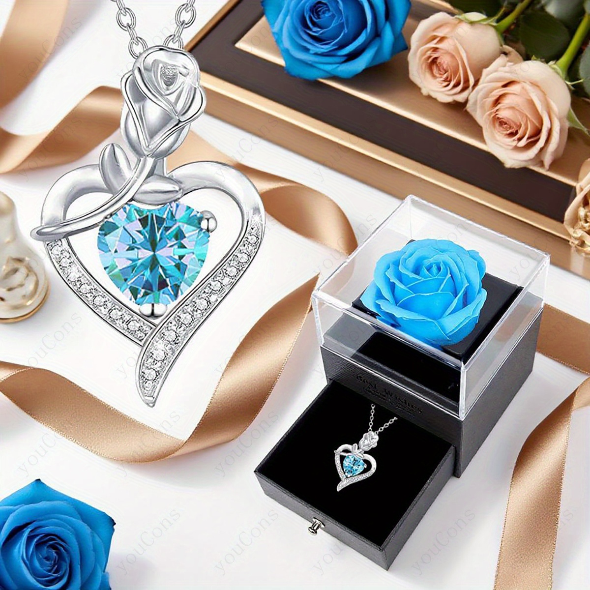 Luxurious Blue Lucky Stone Heart-Shaped Pendant Necklace Set