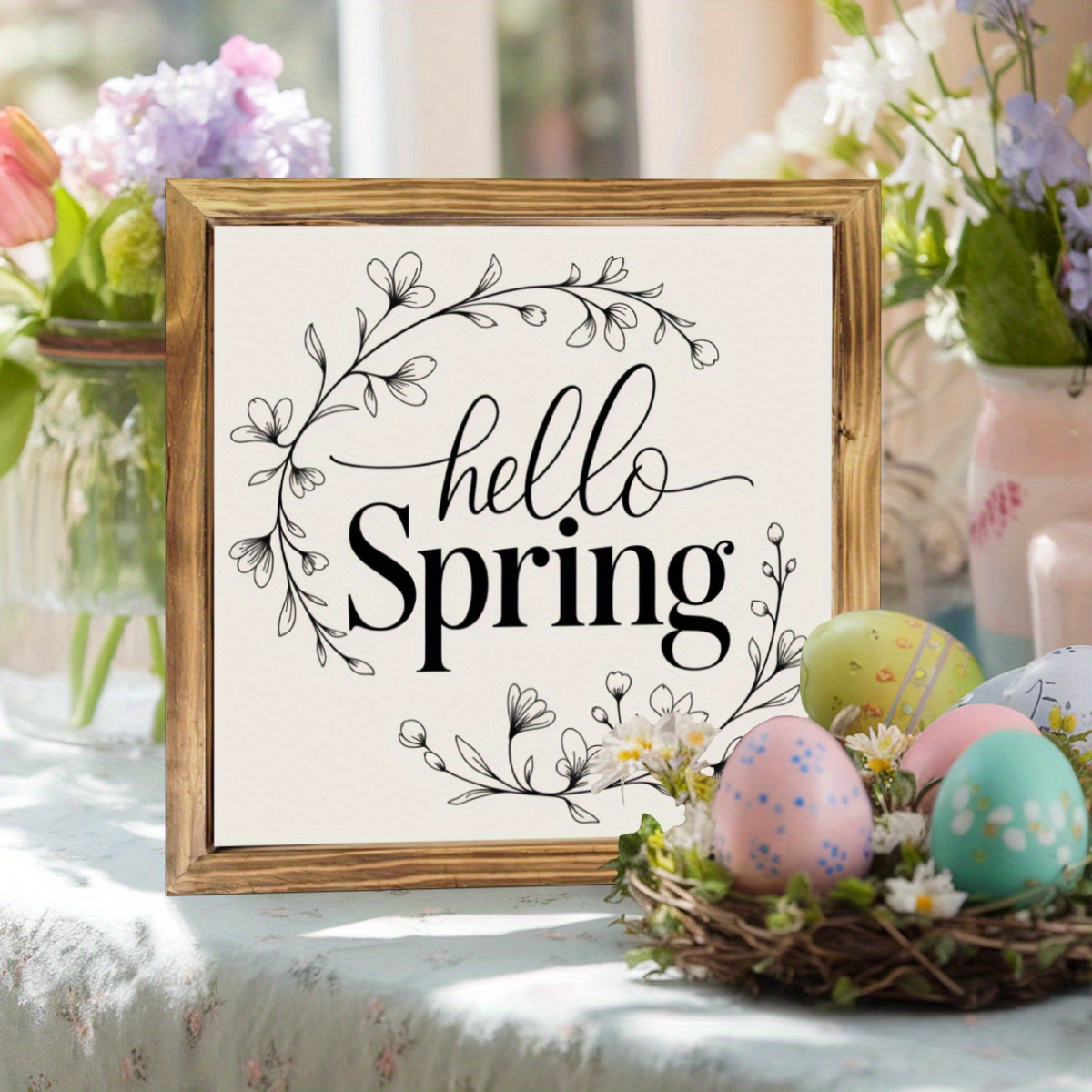 Image of 1pc, Framed Wood Sign Farmhouse Wall Art For Home, Entryway, Living Room, Bedroom, Desktop Decoration Housewarming Gift Easter Wall Decor, Easter Gifts 8x8 Inch