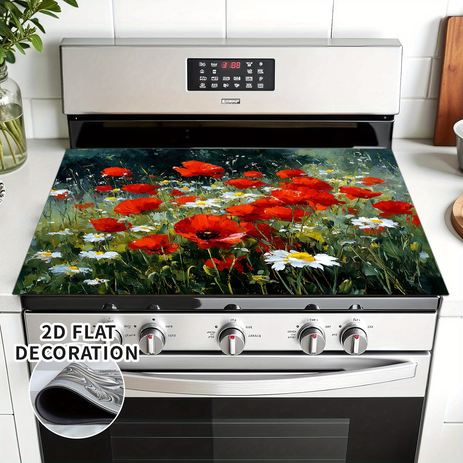 TEMU Housse de plaque de cuisson 2D imprimée 1pc - floraux électriques et à gaz - Poppies rouges, marguerites, herbe verte - Surface antidérapante,