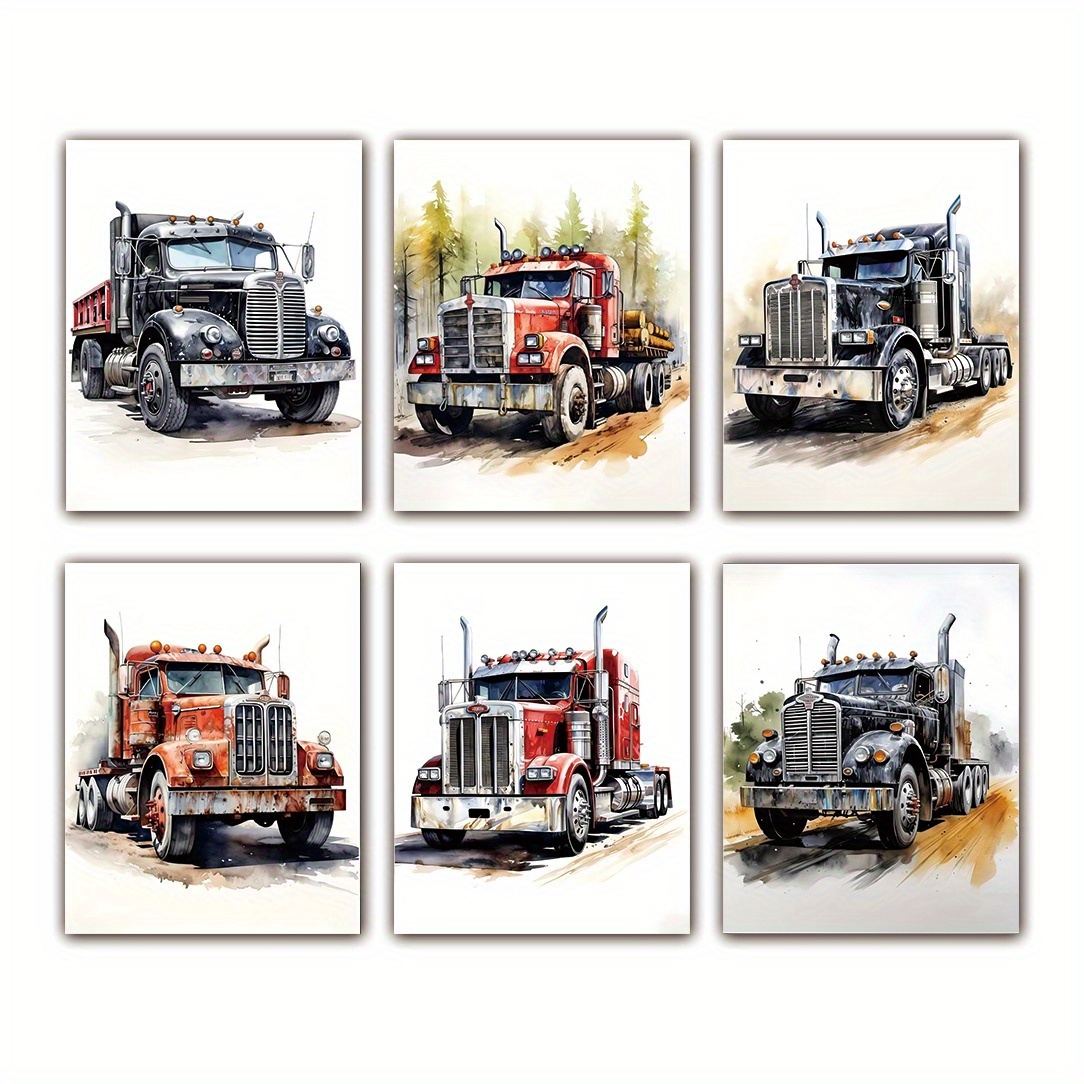 TEMU Set Of 6 Frameless Half Truck Wall Art Posters - Architectural Room Decor, Featuring Truck Designs, 18-wheeler Car Decorations, Suitable For