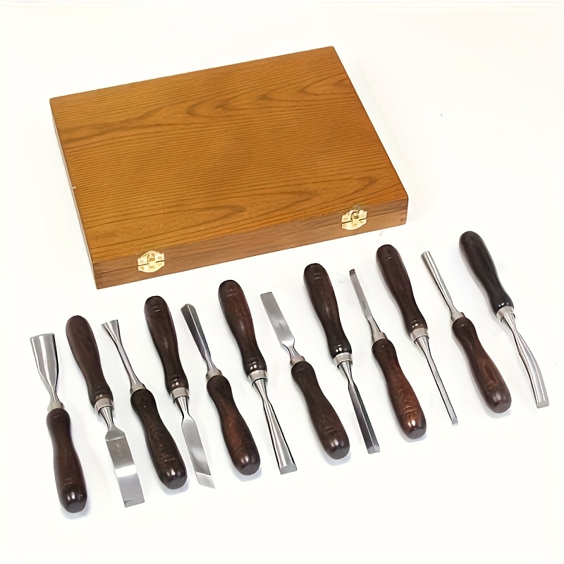 12pcs Chrome Vanadium Steel Professional Wood Carving Tools Set with Exquisite Wooden Box, Black Walnut Wood Handle, Including Scraping Knife, Carving Chisels, Turning Tools, for Woodworking, Carving And (Durable Material)