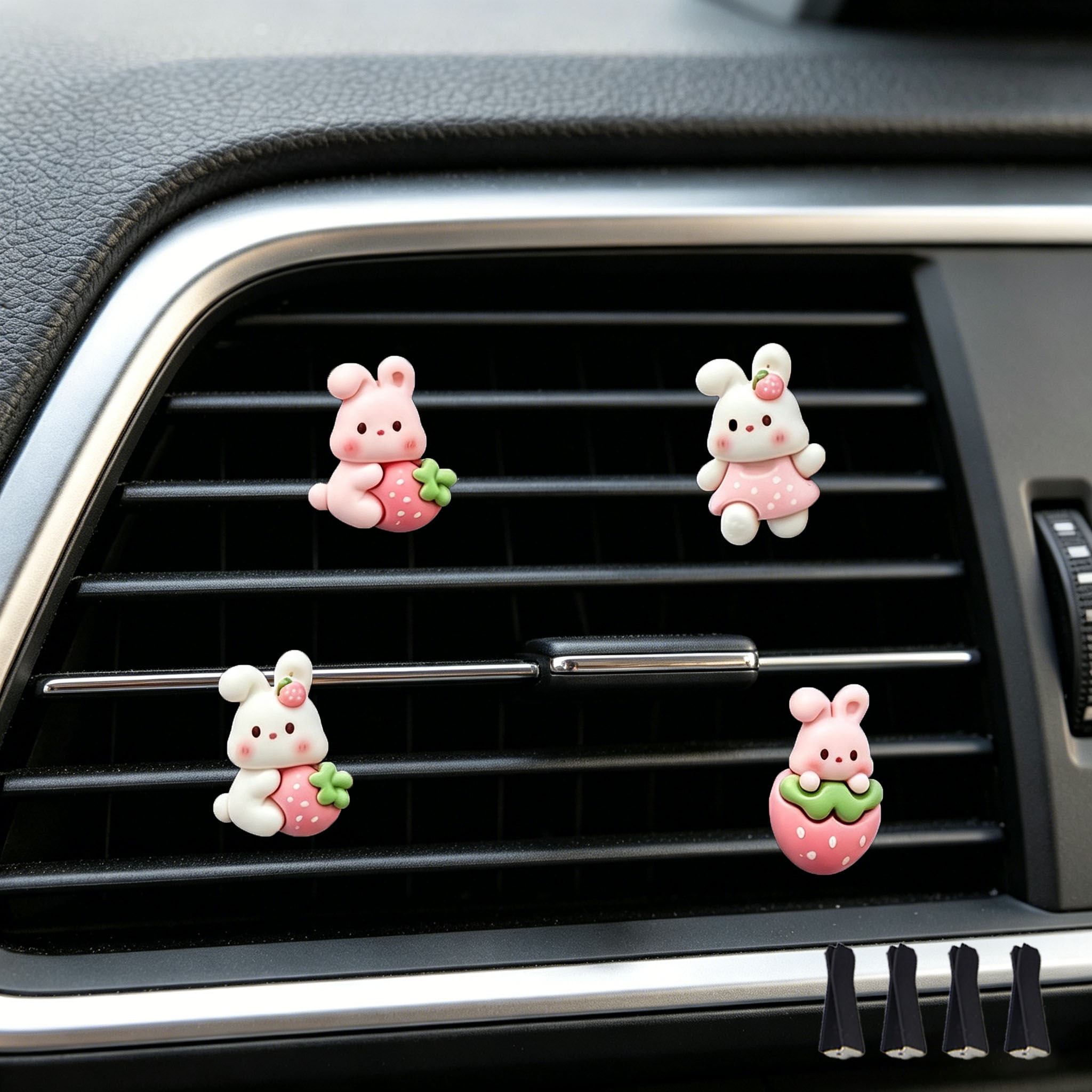 TEMU 8pcs/set Strawberry Resin Additions (4pcs Little Rabbits And 4pcs Clips) Cute Cartoon Additions For Girls And Students, Car Vent, Fridge, Phone