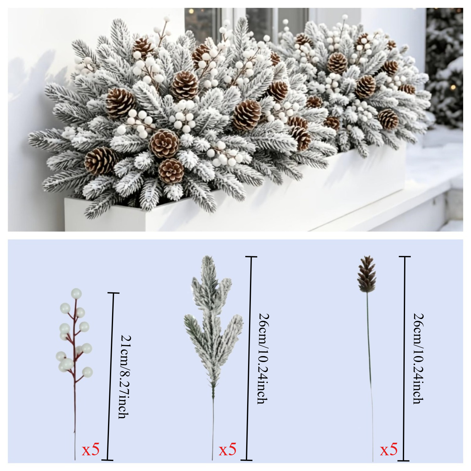 TEMU Lot de 15 tiges florales de chute de neige hivernale, fruits de neige , branches de pin enneigées par pulvérisation, combo pommes de pin, pour