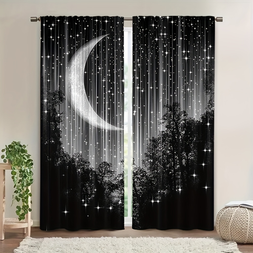 TEMU 2d Flat, 2pcs Starry Night Forest Moon Curtains Suitable For Living Room, Bedroom, Kitchen - Semi-transparent Rod Pocket Window Panels With &