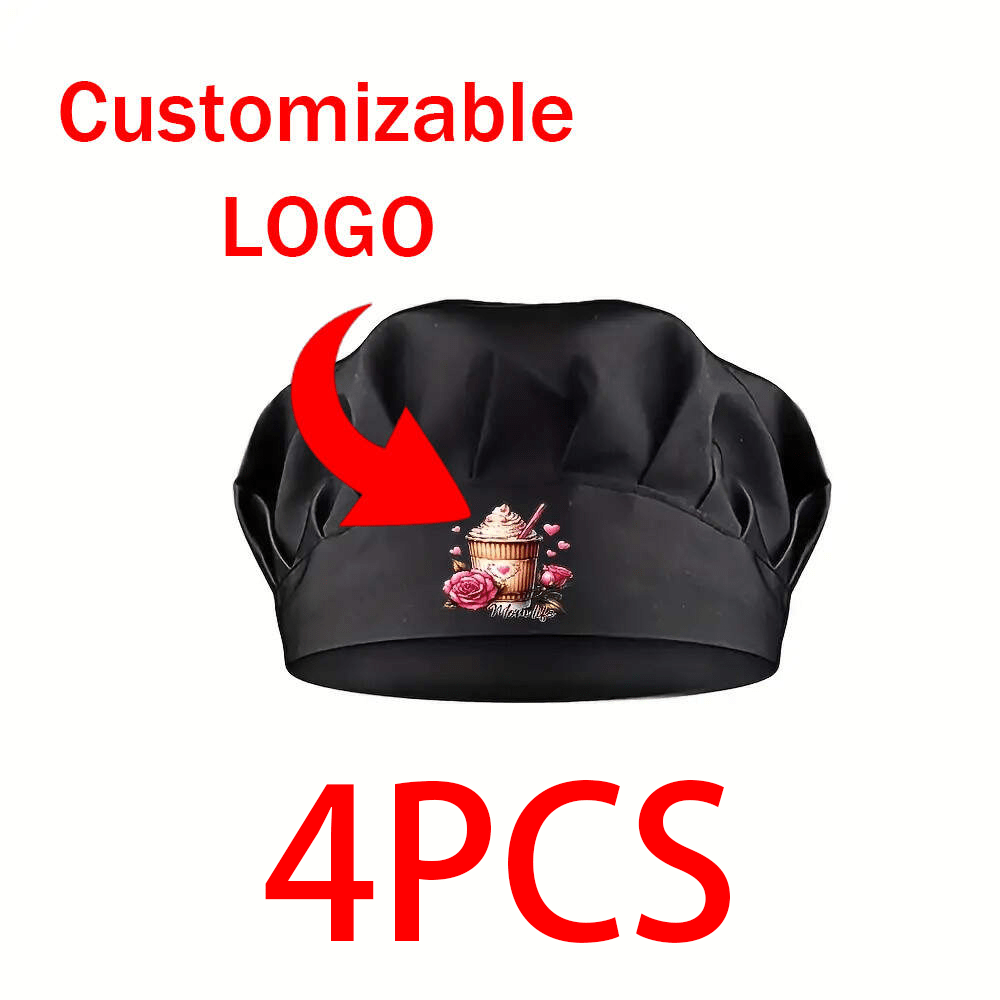 TEMU Customizable Pictures Or Logos, 2/4pcs Adjustable Elastic Chef Hat- Black, With Cupcake And Rose Patterns, Lightweight Polyester, Machine