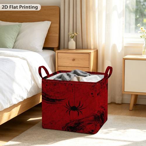 imagem do item (impressão 2d) 1pç cesto de roupa quadrado acolchoado com de de halloween, alças de transporte confortáveis, estrutura superior de ferro, para classificação de roupas, cesto dobrável para organização de armário, 2d, cestos de prateleira