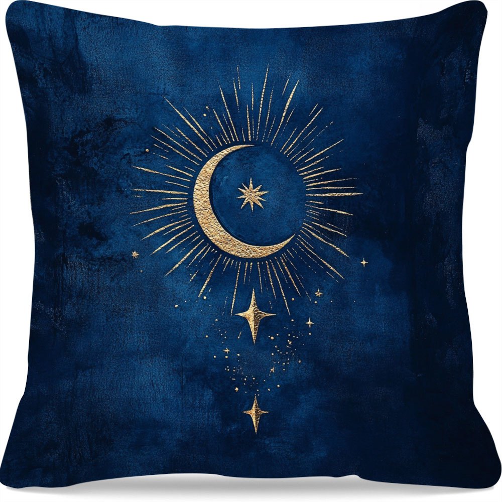 TEMU 1 taie d'oreiller avec lunaires et stellaires - Impression simple face, bleu foncé avec soleil doré et croissant , en peluche courte polyester