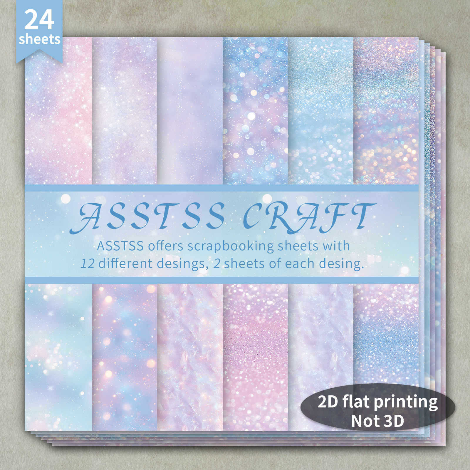 TEMU Bloc de papier scrapbooking 24 feuilles 6*6 pouces, style texturé léger pailleté rose-bleu rêveur, papier de support, carton épais pour