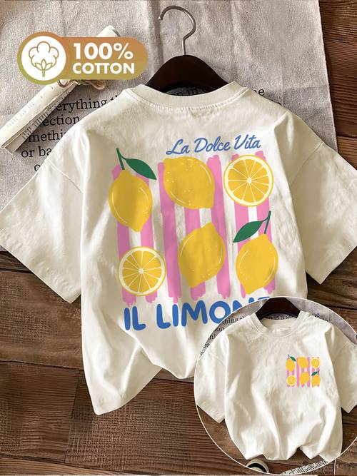 doppelseitig bedrucktes, modisches damen-top für frühling und sommer, mit frischem zitronen-streifendesign, vita-print, rundhalsausschnitt und hergestellt aus einem reinen kurzarm-t-shirt.