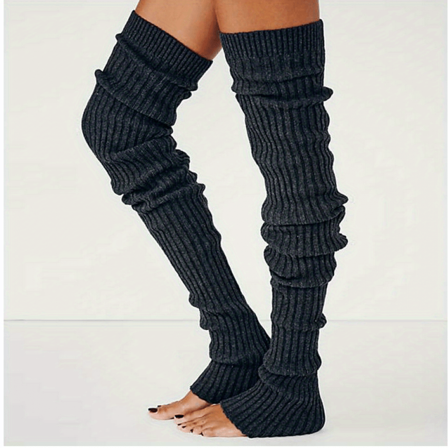 

Chic Women's Knit Leg Warmers - Solid Color, Footless Thigh-high Socks In Black & Coffee, Machine Washable