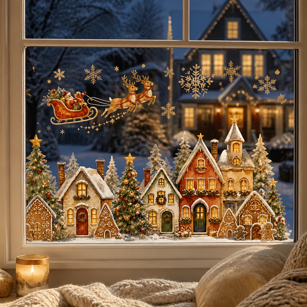 TEMU 2d Flat, 1pc-2d Flat Christmas Village Window Cling, Snowy Scene Cabin Gingerbread For Man Reindeer Sleigh Design, Removable Static Cling Glass