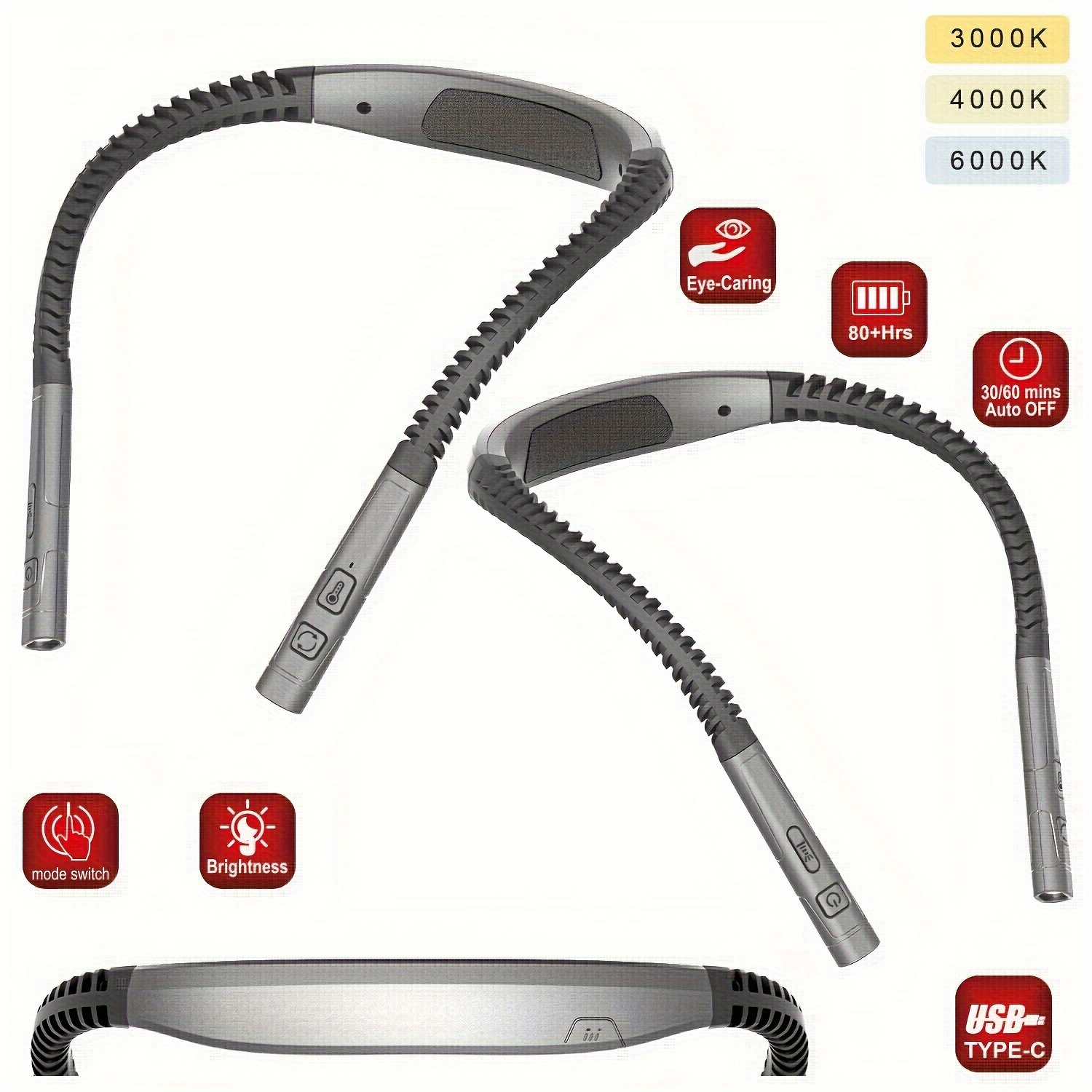 usb c type c rechargeable flexible neck reading light book light neck light 3 color and 5 brightness dimmable light   durable suitable for reading work running knitting repair