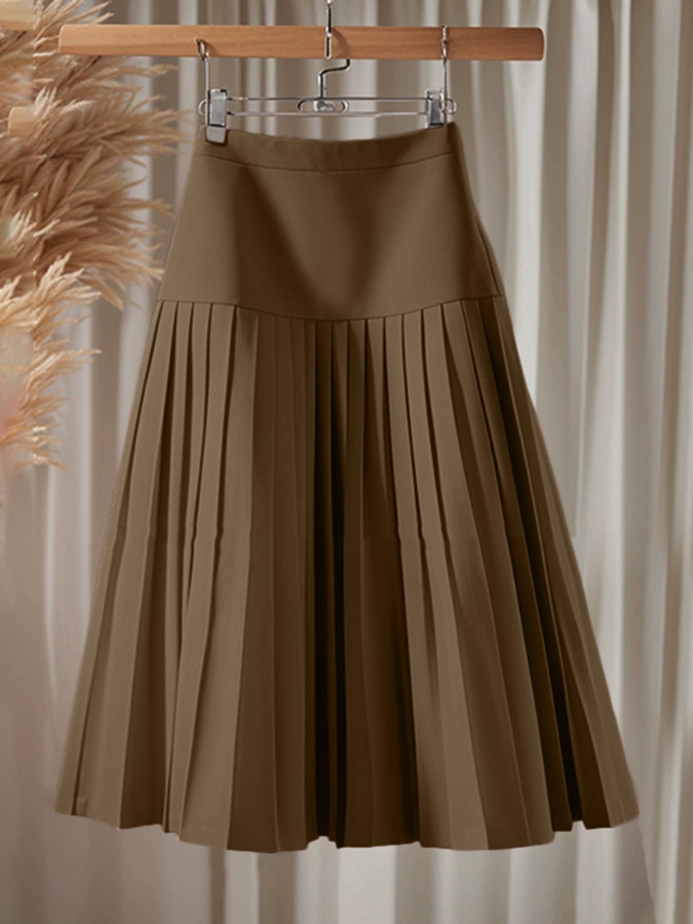 Women Elegant Office Solid Midi Pleated Skirt Back Elastic Waist Commuter Party Baggy Swing Lightweight Skirt - Women's Clothing
