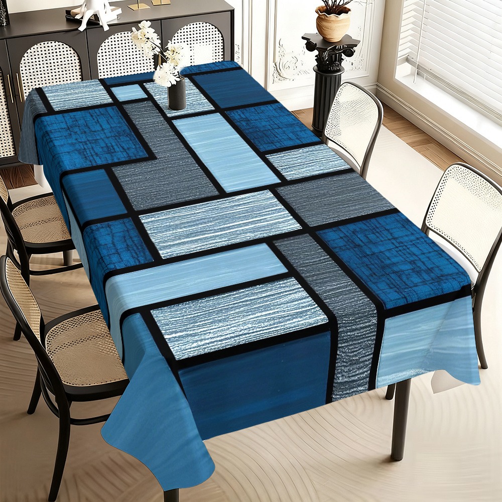 TEMU 2d Tablecloth, 1pc Rectangular Tablecloth, Modern Minimalist Style With Square Pattern, Blue And Gray Tones, Suitable For Restaurants, Offices,