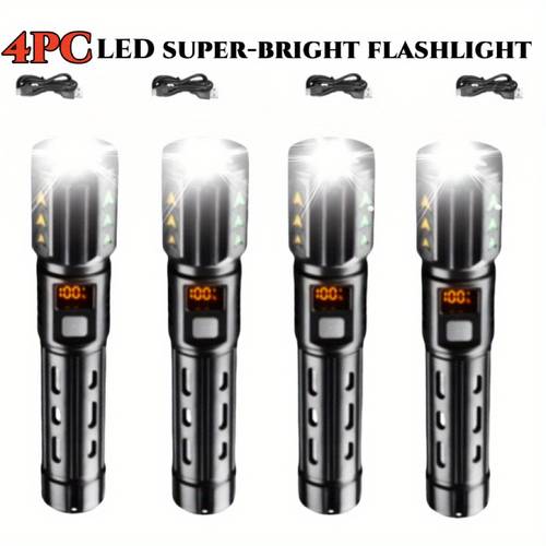 4pcs led camping flashlight long large capacity lithium battery fluorescent of 1200mah extendable zoom supports usb charging an essential tool for outdoor emergencies