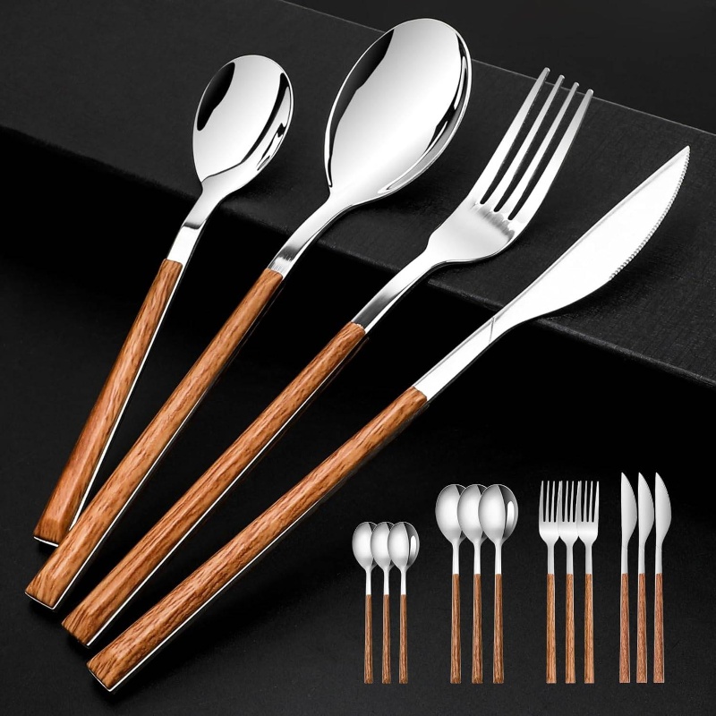 stainless steel flatware set 4 cutlery utensils set with simulated wooden handle   knives forks spoons service 4   polished and dishwasher safe silvery stainless steel cutlery set cutlery set stainless steel cutlery portable cutlery set stainless steel cutlery kitchen utensils home dining stylish utensils     steel rustresistant flatware collection knife   set restaurant supplies home cooks Product details 0