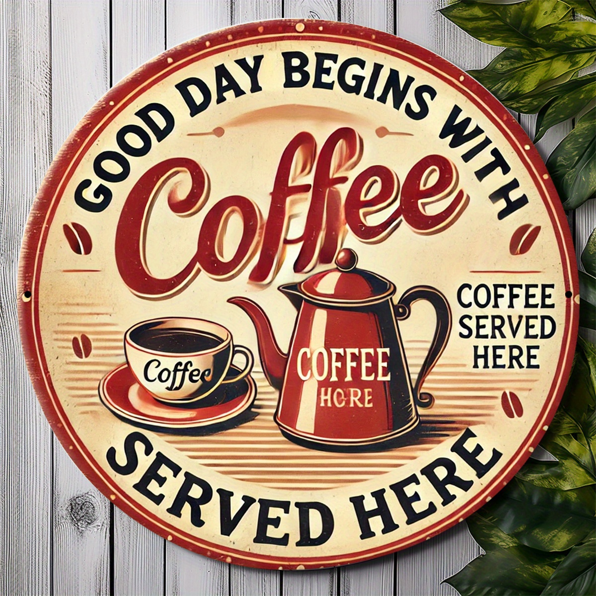TEMU A Vintage Coffee-themed Metal Wall Art Sign | 19.99cm Round Aluminum Decoration Featuring A Red Teapot And Cup Design - Home, Office, Bedroom,
