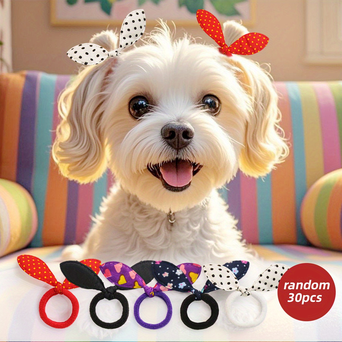 

30pcs Ear Bow Hair Ties For Pets - & Patterned, Soft For Small , Grooming & Styling