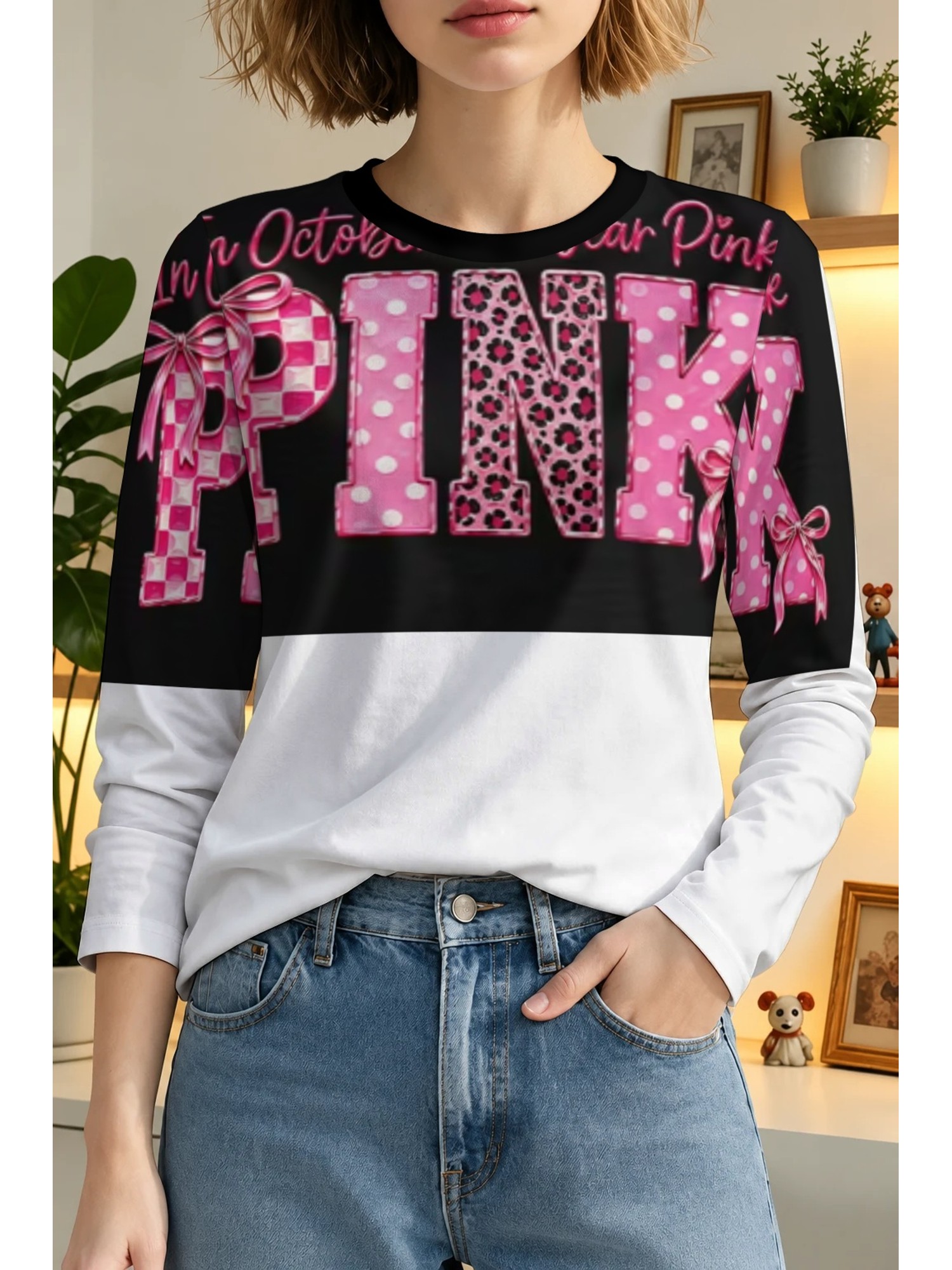 item picture womens in october   pink plaid leopard bow t shirt crew neck long sleeve compatible base for brand designs machine washable casual fall winter top suitable for breast awareness month outfits