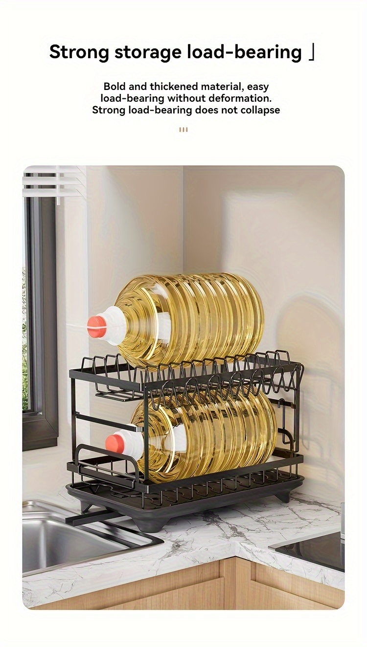 Organizador de escurridor de platos resistente para debajo del fregadero con sistema de drenaje - Caja de almacenamiento de cocina que ahorra espacio, drenaje anti-obstrucción, estantes de varios niveles para platos, tazones, tazas, utensilios - Organizador de gabinete fácil de limpiar para cocinas pequeñas - Negro moderno