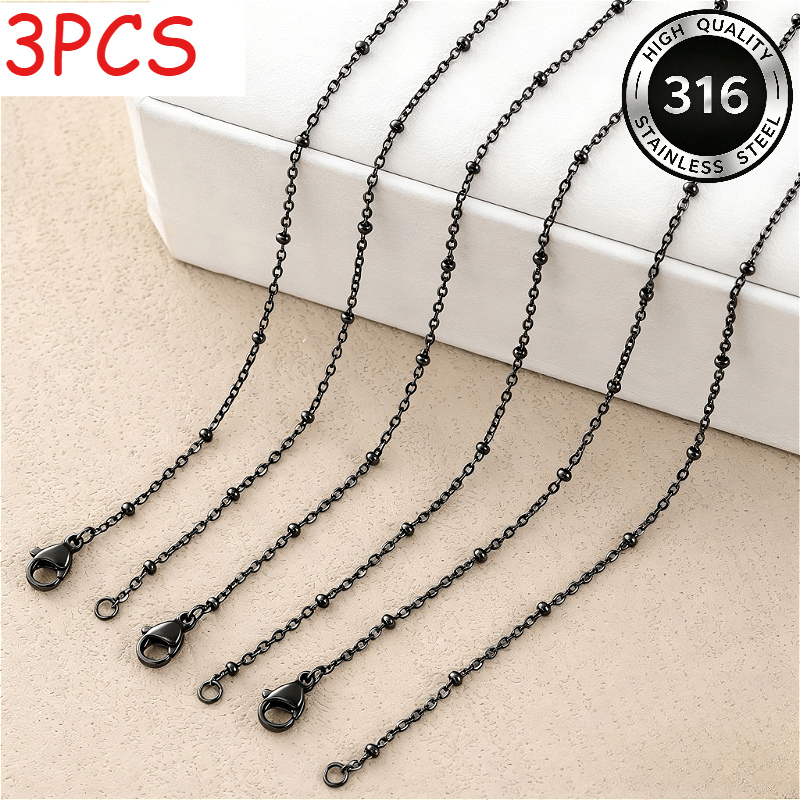3pc Black Bead O-Chain Necklace Set, Stainless Steel
