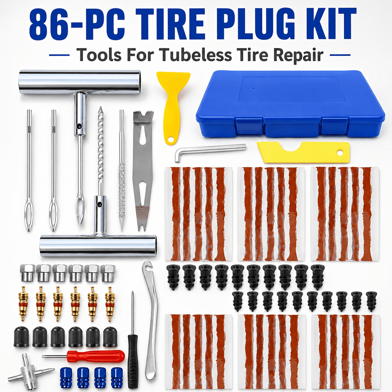 TEMU Tire Repair Kit, 86pcs Tubeless Tire Repair Kit, Includes A Heavy-duty Metal T-handle Tool, Repair Patches, Valve Core Tool, Valve Caps, And A