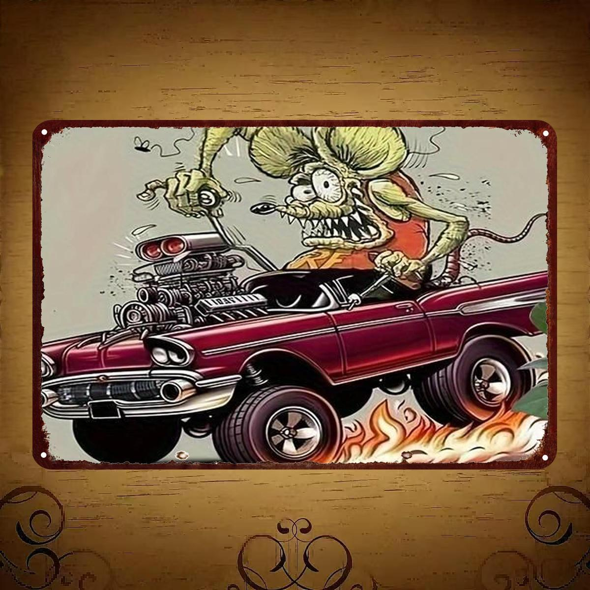 TEMU 2d Flat 1pc, "vintage Tattoo Style Iron Sign - Retro Hot Rod Monster Car Metal Art Wall Decoration" 8×12 Inch