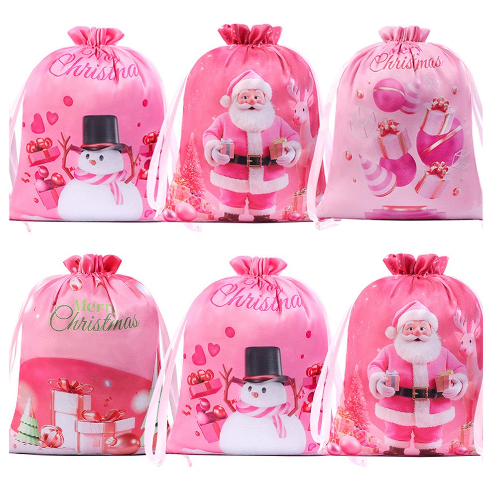 TEMU Gift For Her/him 6pcs Pink Merry Christmas Drawstring Bags, Luxury Glossy Satin Drawstring Gift Bags, Santa Claus Snowflake Gift Bags, Christmas
