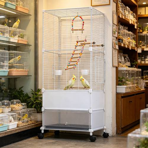 large white high density birdcage suitable for budgies 44 x 18 1 x 14 1 inches features a hanging window with sliding window swing feeder and perch a high density metal mesh cage removable tray and casters suitable for budgies