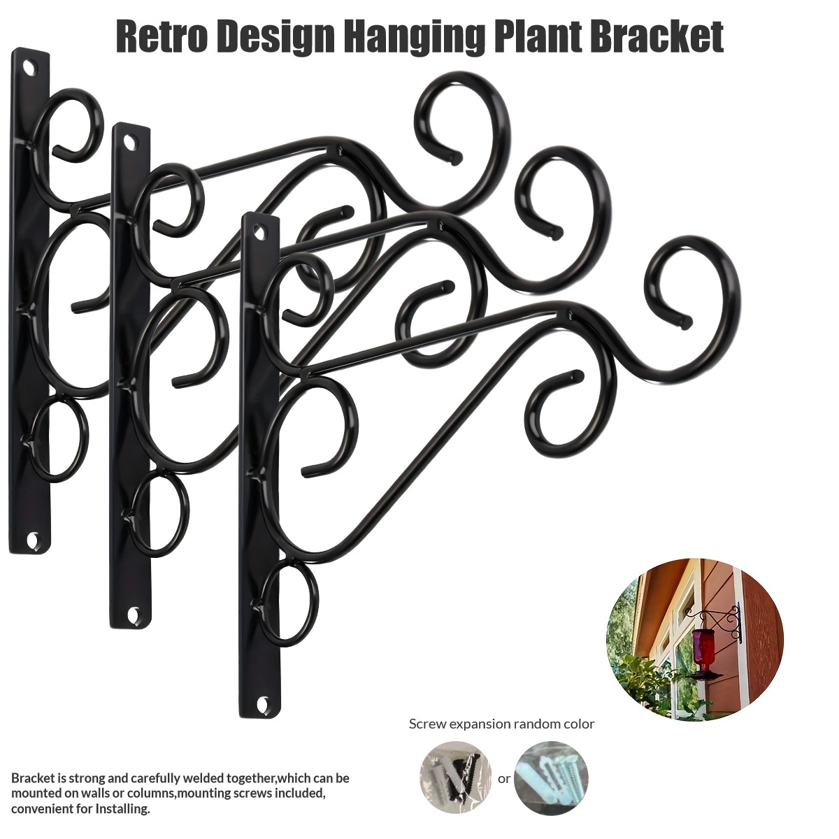 TEMU 3pcs 12-inch Heavy-duty Wall-mounted Plant Hanger, Rust-resistant Hook For Hanging Plants, Bird Feeders, And Wind Chimes, Screw Random Color