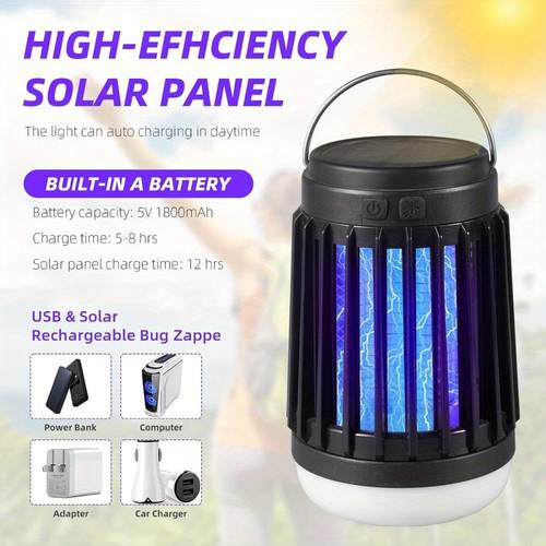 3 in 1 solar mosquito killer lamp with flashlight usb rechargeable cordless outdoor indoor bug zapper for yard home and camping portable high design black outdoor mosquito control versatile hanging hook durable construction mosquito repellent