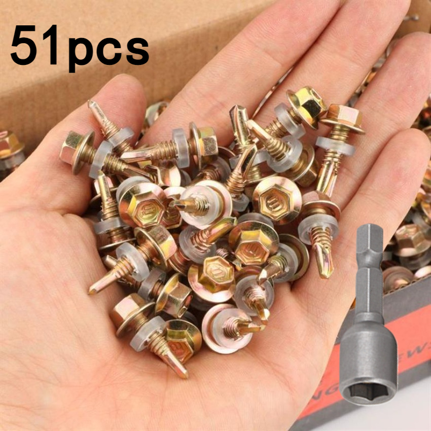 TEMU 51-teiliges Set (50 Schrauben und 1 Sechskant-Steckschlüssel) 5,5 x 19 mm Sechskantschrauben mit Bohrer, selbstschneidende Nieten für