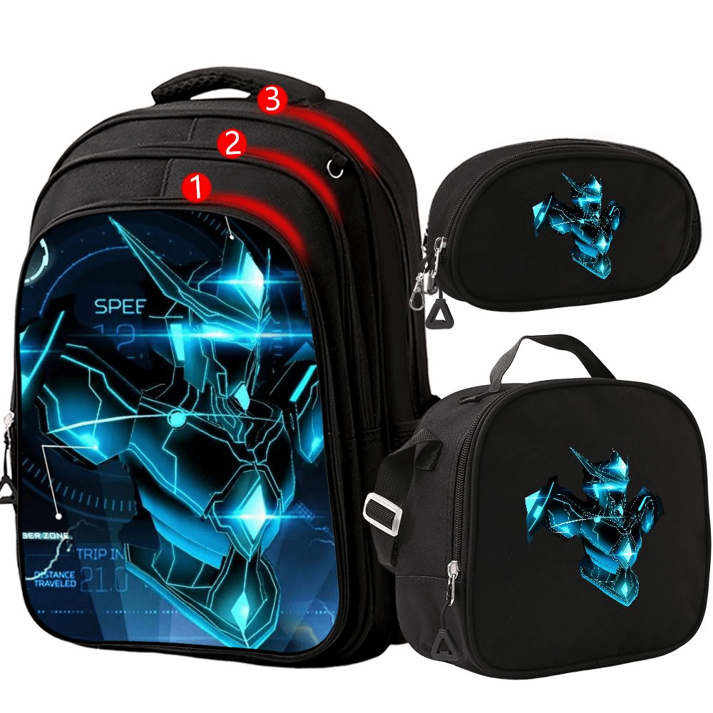 TEMU 3pcs Futuristic Mech Robot Backpack Bundle - Large Capacity Multi-3-layer Bag With Crossbody Carrier & Accessory Pouch, Adjustable Straps,
