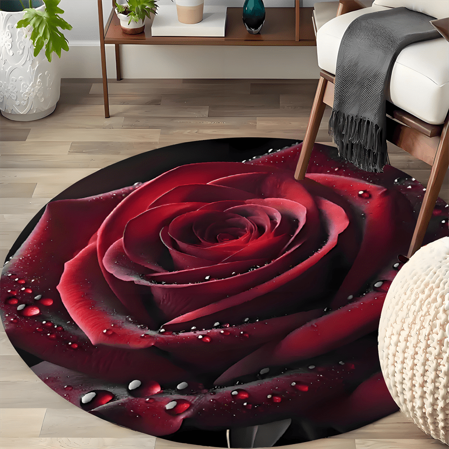 TEMU 1pc Red Rose Theme Round Area Mat, Indoor & Outdoor Comfortable Carpets For Kitchen, Home, Office, Laundry Room, Bathroom Carpets, Decoration,