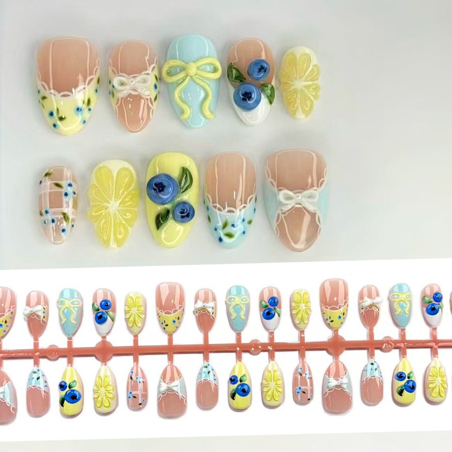 TEMU 48pcs Of 3d Lemon And Blueberry Bow Press-on Nails In A Long Almond Shape, Featuring A Cute Acrylic Design With A Pastel Base. Glossy Full-cover